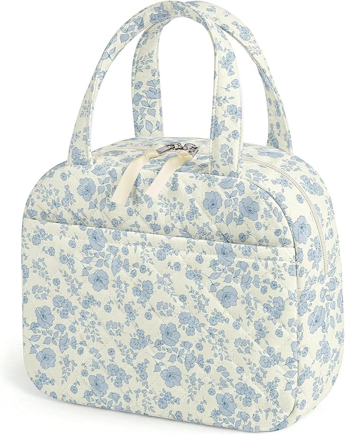 Quilted Lunch Box for Women,Coquette Aesthetic Lunch Box for Teen Girls,Cute Floral Lunch Bags for Work, School,Office,Picnic,Travel (Cute Blue Floral)