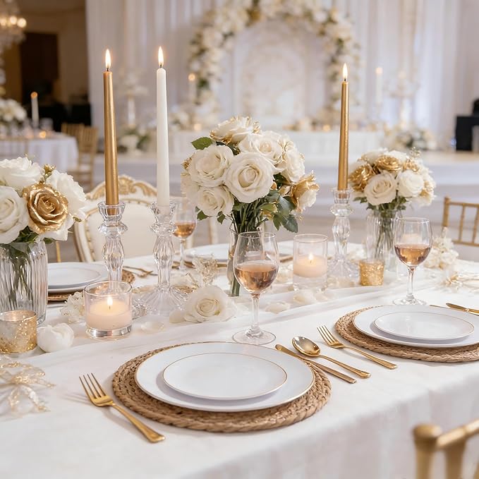 KIRE 60PCS Gold Plastic Plates - Heavy Duty White Disposable Plates with Gold Rim for Wedding/Easter/Spring/Ramadan - Include 30Pieces 10.25inch Dinner Plate and 30Pcs 7.5inch Dessert Plate