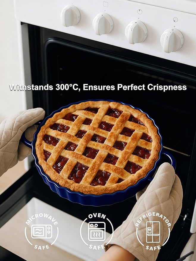 10×2in Deep Ceramic Pie Pan with Handles for Pie Quiche Tart Baking. Easy to grip, Lead-Free. Casserole Lasagna Dish for Thanksgiving Christmas Gift. Oven Microwave Dishwasher Safe. Blue