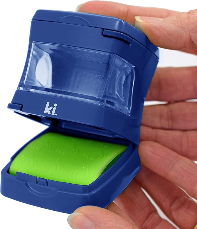 Garlic-A-Peel Garlic Press, Crusher, Cutter, Mincer, and Storage Container - Includes Silicone Garlic Peeler - Easy to Clean - Stainless Steel Blades – (Blue), standard