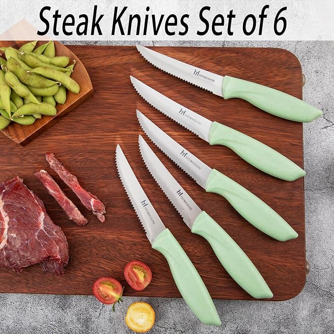 Knife Set, Howashin 15 Pieces Kitchen Knife Set with Built in Knife Sharpener, High Carbon German Stainless Steel Knife Block Set, Hand wash Safe Knives Set, Green