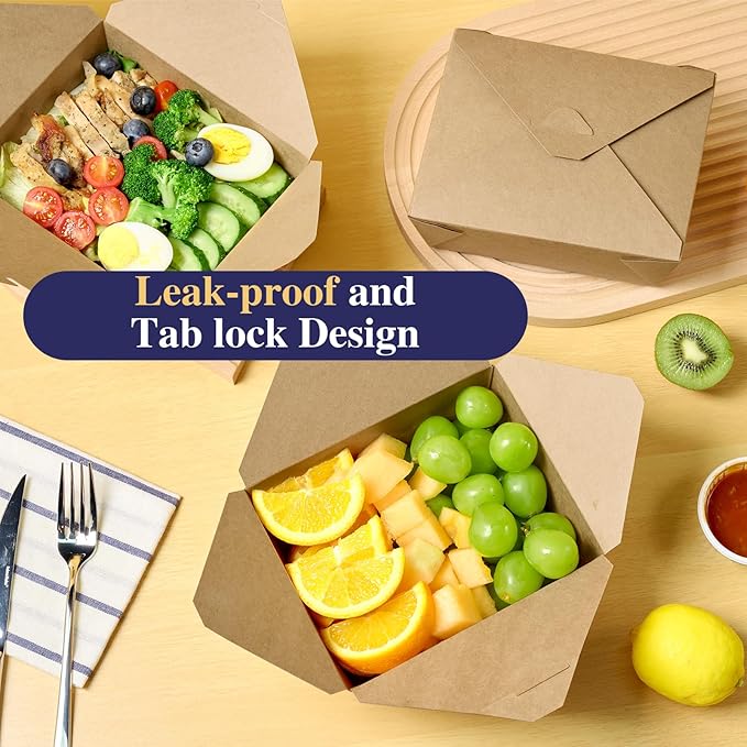 LITOPAK 50 Pack 45 oz To Go Food Containers, Kraft Brown Take Out Food Containers Leak Grease Resistant and Stackable for Restaurants, Homes, Offices, Picnics