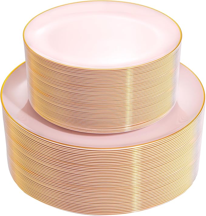 PULOTE 100PCS Pink Plastic Plates - Heavy Duty Pink and Gold Disposable for Party, Wedding, Easter, Include 50 Each (Dinner & Dessert) Plates