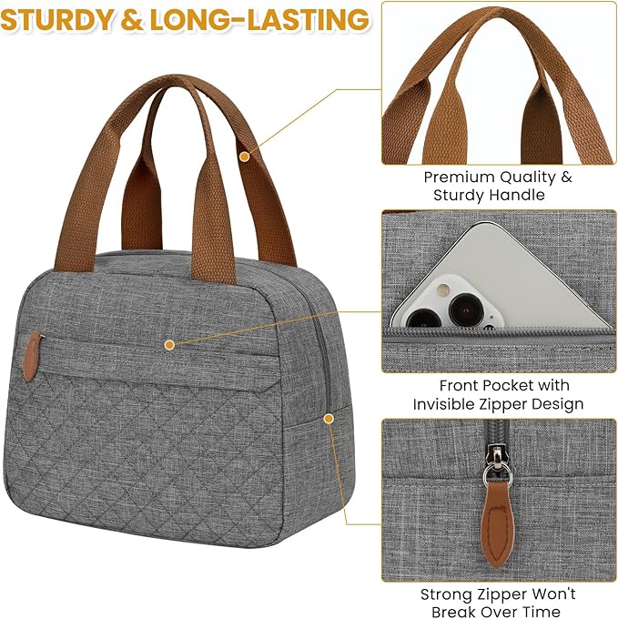 Insulated Lunch Bag for Women, Portable Lightweight Lunch Box for Adults, Reusable Lunch Tote Cooler Bags with Front Zipper Pocket for Work School Picnic(Gray, Large)