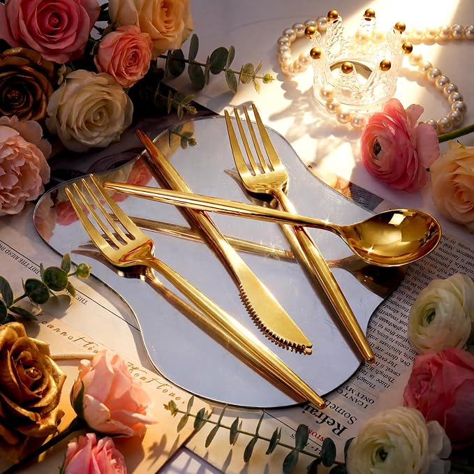 Supernal 180PCS Gold Plastic Silverware Gold Silverware Disposable Cutlery Plastic Utensils Heavy Duty Disposable Utensils Includes: 60 Knives, 60 Forks and 60 Spoons for Party, Birthday, Wedding