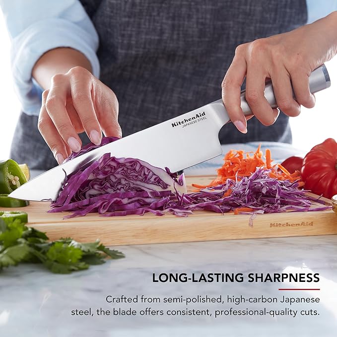 KitchenAid Slim Two-Tone Knife Block Set with Built-In Knife Sharpener, High Carbon Stainless Steel Kitchen Knives, Sharp Kitchen Knife Set with Block, 14-Piece, White