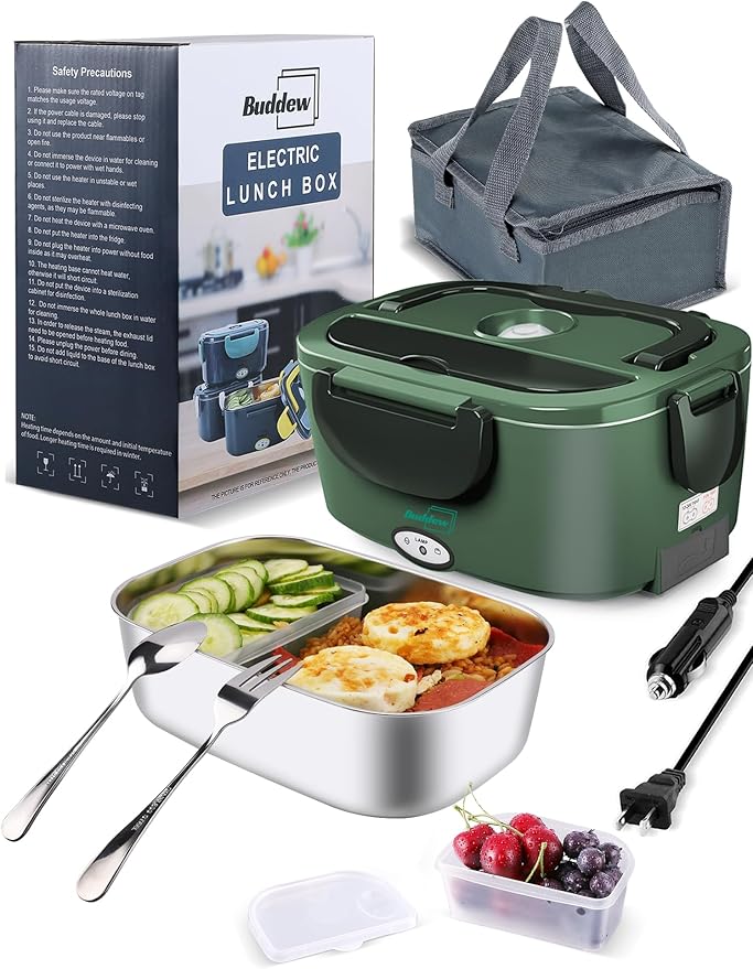 Buddew Electric Heated Lunch Box for Adults - 80W Fast Heating, 1.5L Food-Grade Stainless Steel, 12V/24V/110V Portable Food Warmer for Work Travel Car, Lonchera Electrica Portatil