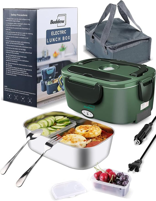 Buddew Electric Heated Lunch Box for Adults - 80W Fast Heating, 1.5L Food-Grade Stainless Steel, 12V/24V/110V Portable Food Warmer for Work Travel Car, Lonchera Electrica Portatil