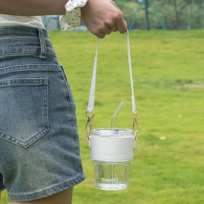 13oz/400ml Glass Water Tumbler with Straw and Lid Sealed Carry on Thick Wall Iced Coffee Cup for Water, Iced Tea, Fruit Juice (White with Sleeve and Strap)