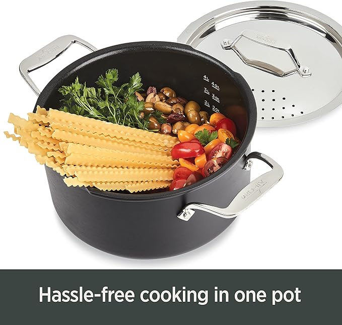 All-Clad HA1 Hard Anodized Nonstick Stockpot, Multi-Pot with Strainer 6 Quart Oven Broiler Safe 500F Strainer, Pasta Strainer with Handle, Pots and Pans Black