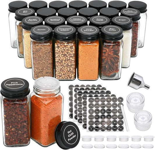 24pcs Spice Jars with180 Labels,Glass Spice Jars, Seasoning Containers,Seasoning Organizer,Include black metal lid, pen, grinder, stainless steel funnel, two type inner plugs