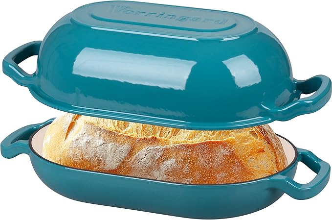 Enameled Cast Iron Sourdough Bread Oven, Dutch Oven, Loaf Cast Iron Bread Pan for Homemade Bread Baking, Meatloaf Pan with Lid, 5QT, Bluegreen