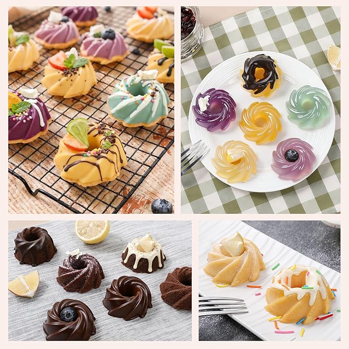 FUNBAKY Mini Swirl Cake Pan with Metal Reinforced Frame, 2Pcs Silicone 6-Cavity Mini Flan Molds, Nonstick Fluted Cake Pan for Cupcake, Brownie, Donuts, Jello