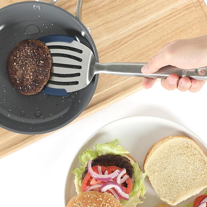 Calphalon Prime Stainless Steel Slotted Turner W/Navy Blue Silicone Rim