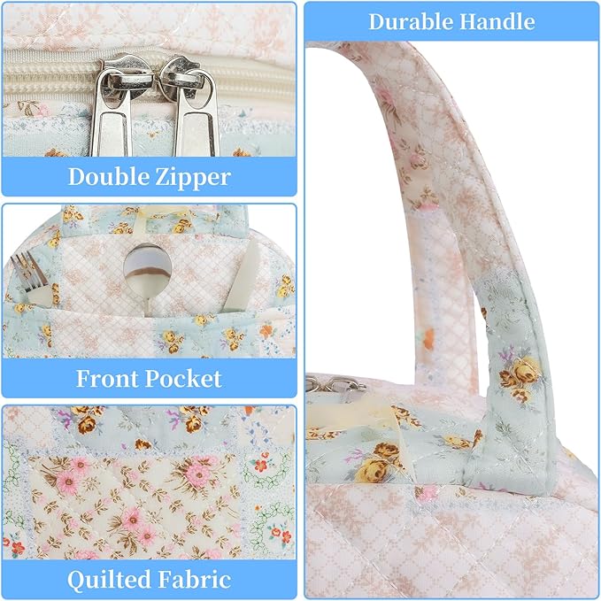 Quilted Lunch Box for Women,Coquette Aesthetic Lunch Box for Teen Girls,Cute Floral Lunch Bags for Work, School,Office,Picnic,Travel (coloful floral)