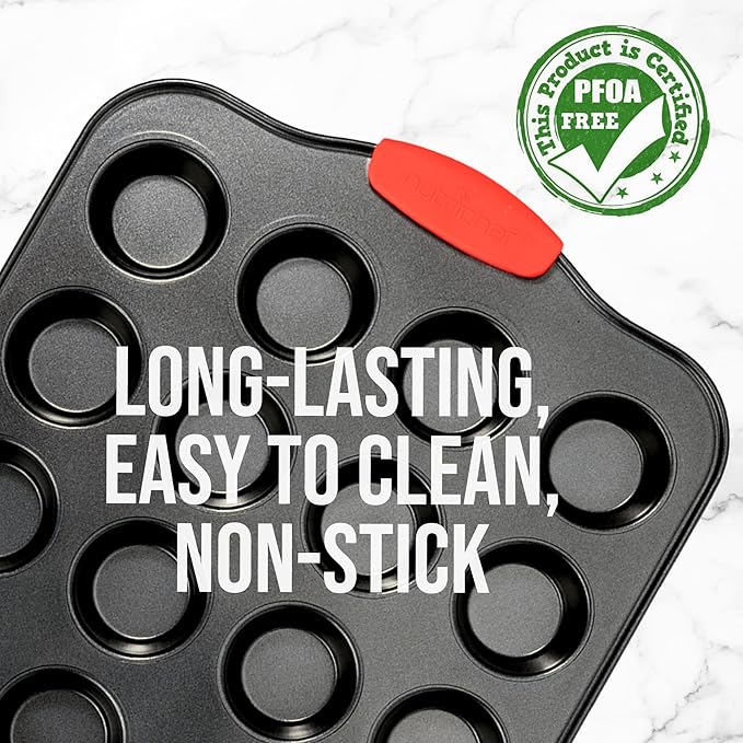 NutriChef 24-Cup Nonstick Mini Muffin Pan with Red Silicone Handles - Carbon Steel Bakeware Tray for Savory & Sweet Treats - Dishwasher Safe, Black