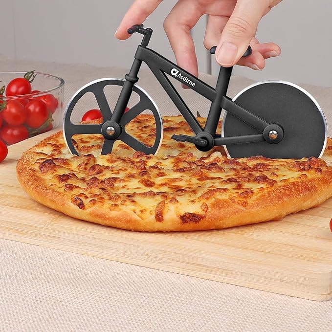 Pizza Cutter, Bicycle Pizza Cutter Wheel with Non-Stick Stainless Steel Super Sharp Blades, Novelty Gift, 7.5", Black