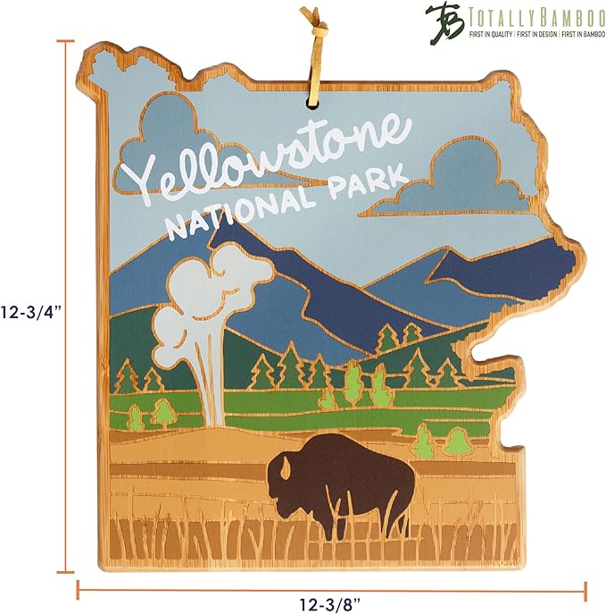 Totally Bamboo Yellowstone Park Shaped Cutting Board and Charcuterie Serving Platter with Artwork by Summer Stokes, Includes Hang Tie for Wall Display