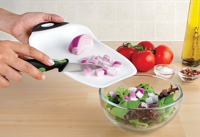 Dexas Chop & Scoop Cutting Board, Small 6.5 by 10.5 inches, White with Black Handle