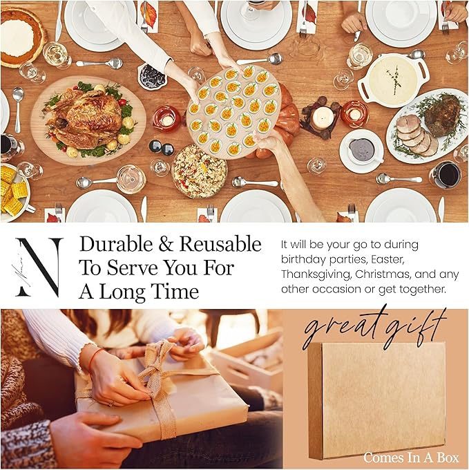 Namre' Deviled Egg Tray Wooden Holder for 24 Eggs – Reversible Oval Platter & Charcuterie Board, Easter Deviled Egg Carrier Serving Tray with Recipes, Holiday Entertaining