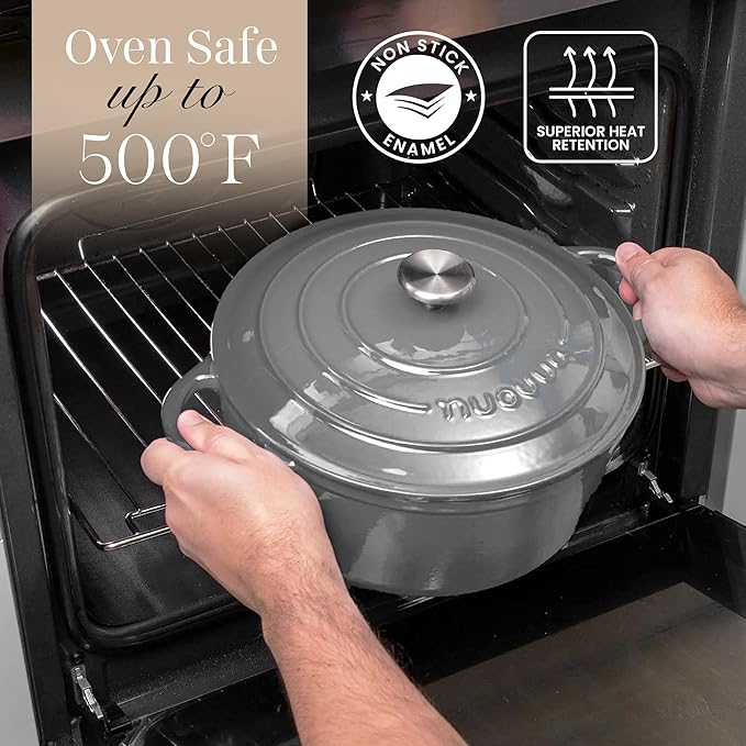Cast Iron Dutch Oven with Lid – Non-Stick Ovenproof Enamelled Casserole Pot – Sturdy Dutch Oven Cookware – Grey, 3.1-Quart, 22cm – by Nuovva