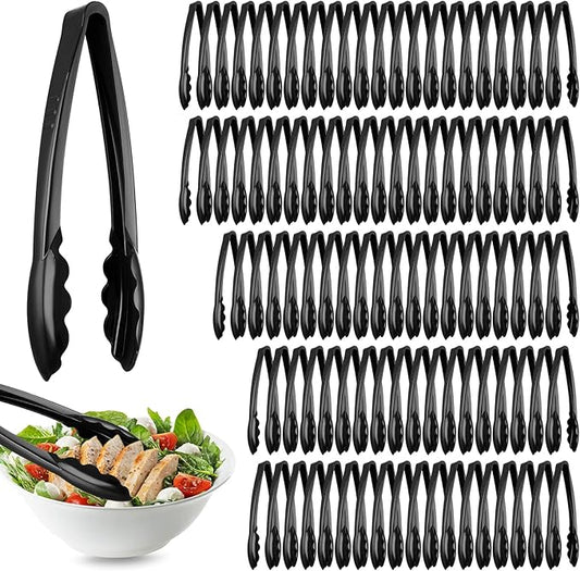 Tessco for you 100 Pcs Plastic Tongs for Serving Bulk, 9 Inch Plastic Disposable Serving Tongs, Heavy Duty Salad Tong for Kitchen, Buffet, BBQ, Events & Catering (Black)