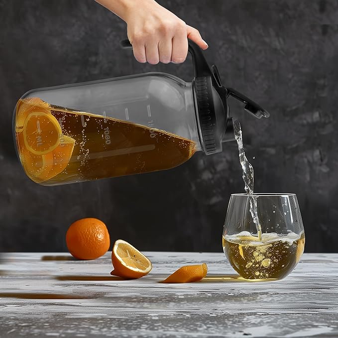64 Oz Glass Pitcher with Lid, 2 Quart Heavy Duty Cold Brew Pitcher, Leak-Proof, Wide Mouth Mason Jar with Pouring Airtight Lid,Ideal for Fridge Storage