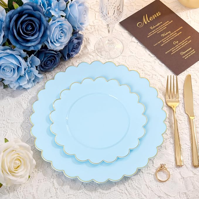 LIYH 120 Pcs Baby Blue Plastic Plates with Gold Edge - Disposable Light Blue Scalloped Baby Shower Plastic Plates Includes 60 Dinner Plate 10.25" & 60 Dessert Plate 7.5" for Party Birthday Easter