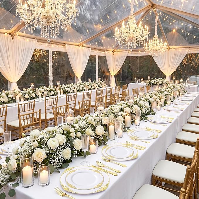 200PCS White and Gold Plates - Gold Plastic Plates - Fancy Disposable Plate - Gorgeous 10inch Dinner & 7.25inch Dessert Plate for 100 Guests for Wedding & Party