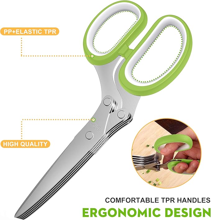 Fun Unique Kitchen Gadgets: Herb Scissors Set - Updated 2026 Cool Kitchen Tools for Cutting Fresh Garden Herbs - Sharp 5-Blade Shears with Cover, Anti-Rust Stainless Steel, Dishwasher Safe (Green)