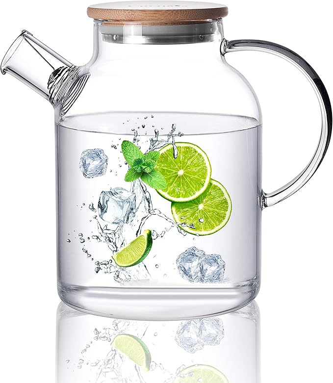 CnGlass Glass Teapot Stovetop Safe,50.7oz Clear Glass Pitcher with Removable Filter Spout for Loose Leaf and Blooming Teabag