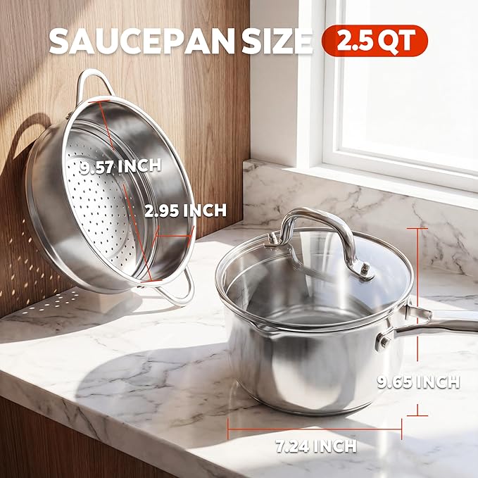 2-in-1 Tri-Ply Steamer & Saucepan Set - 2.5 Qt Stainless Steel Sauce Pan with Pour Spouts, Steamer Insert & Strainer Glass Lid - Compatible with All Stovetops Including Induction