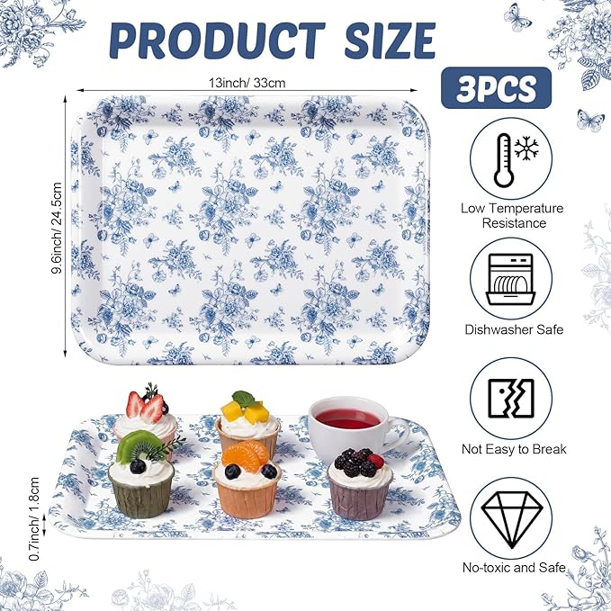 Vesici 3 Pcs Blue Floral Serving Trays 13 x 10 Inch Blue Chinoiserie Flower Melamine Platters Reusable Rectangular Serving Dishes for Wedding Bridal Tea Party Sharing Snacks Fruit Dessert Candy