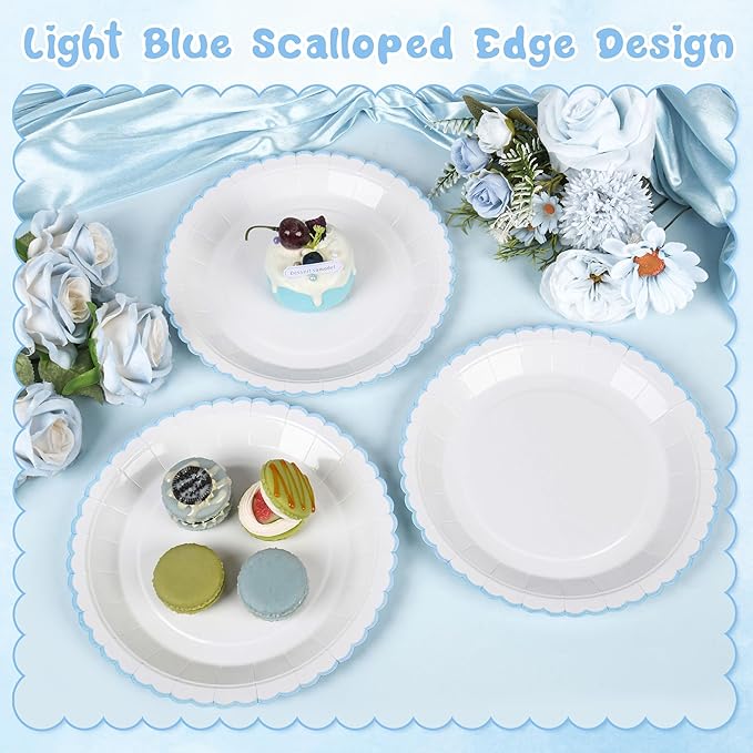 30 Pcs Blue and White Paper Plates, 9 Inch Baby Shower White Dinner Plates, Baby Blue Scalloped Paper Plates Party Supplies for Baby boy Shower, Wedding, Birthday, Bridal Shower
