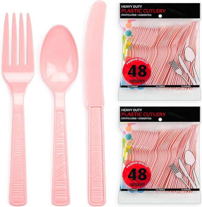 DecorRack Plastic Cutlery Set, Pink Colored Plastic Silverware Sets for Parties, 96 Piece Bulk Heavy Duty Utensils (Pink, 96 Pieces)