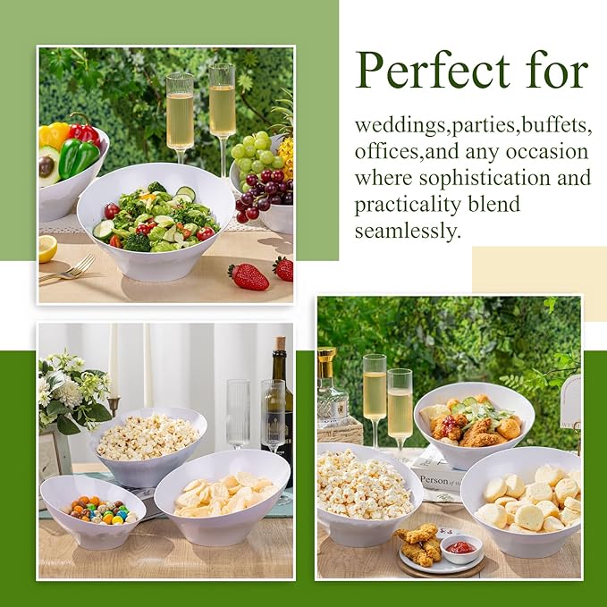 Liacere 16PCS White Plastic Serving Bowls - 54 OZ Angled Table Salad and Fruit Bowls - Disposable for Chip&Candy - Ideal for Party & Wedding & New Year