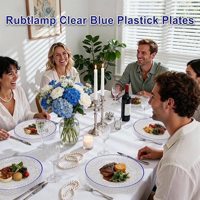 Rubtlamp 60Pcs Blue Easter Plastic Plates, Clear Disposable Plates With Blue Rim, Heavy Duty Party Plates, Hammered Fancy Plates Include 30 Dinner Plates, 30 Dessert Plates For St Patricks Day