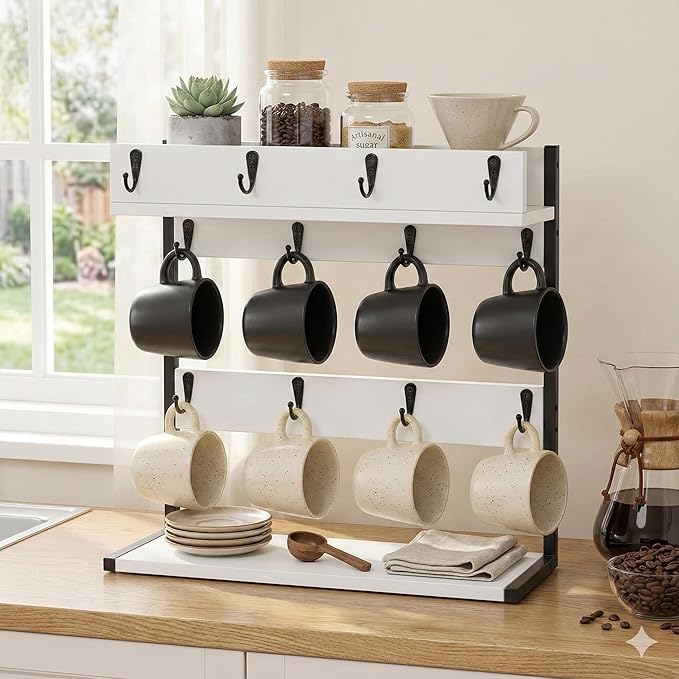 Coffee Mug Rack Holder Wall Mount – 2 Tier Mug Rack Stand with Storage Base for 12 Cups for Kitchen, Dining Room Counter Organizer, Coffee Bar Decor Accessories