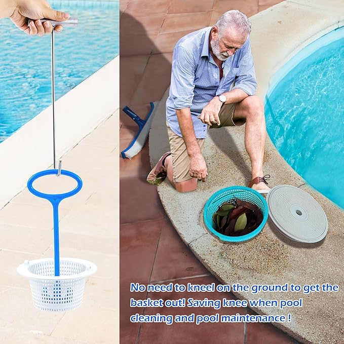 Skimmer Basket Handle, Universal Swimming Pool Skimmer Basket Handle Hook Pool Filter Basket Handle Fit All Inground Pool for Debris Removal Keep Hands Safe and Clean