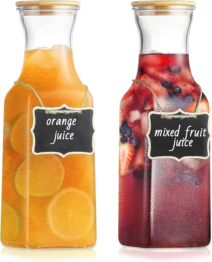 Glass Carafe with Bamboo Lid, Square 35 Oz Beverage Dispensers Carafe, Mimosa Bar Supplies, Clear Glass Pitcher with Name Labels for Iced Tea, Coffee, Juice(Set of 2)