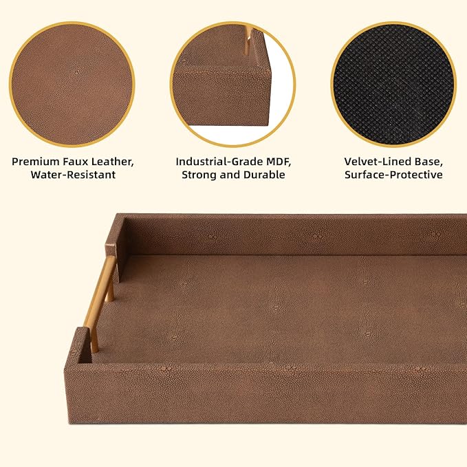 Set of 2 Decorative Tray Brown Shagreen Leather Tray, Modern Rectangle Serving Trays with Gold Polished Metal Handles, Ottoman Coffee Table Perfume Kitchen Trays Home Decor
