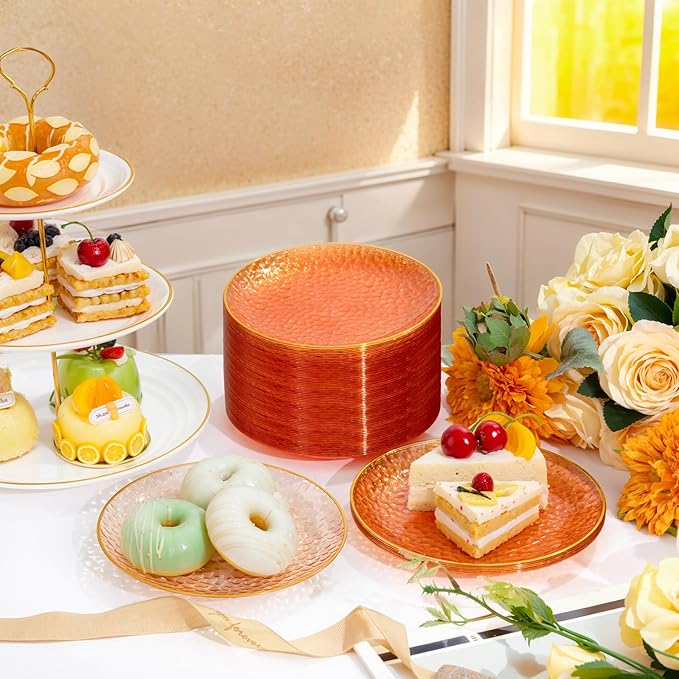Rubtlamp 100 Pcs Clear Orange Gold Plastic Plates, Hammered Orange Party Plates,Heavy duty Dessert Plates,Disposable Salad/Dessert Platos,Clear Gold Plastic Platos 7 Inch for Party