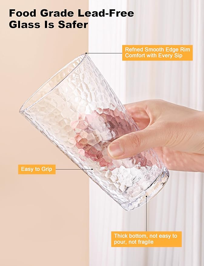 Drinking Glasses Set of 8,16oz Clear Highball Water Glasses,Stackable Lead-Free Hammered Glass Cups,Kitchen Drinkware Glassware for Cocktail,Beer,Juice,Iced Tea,Margaritas and Mixed Drinks