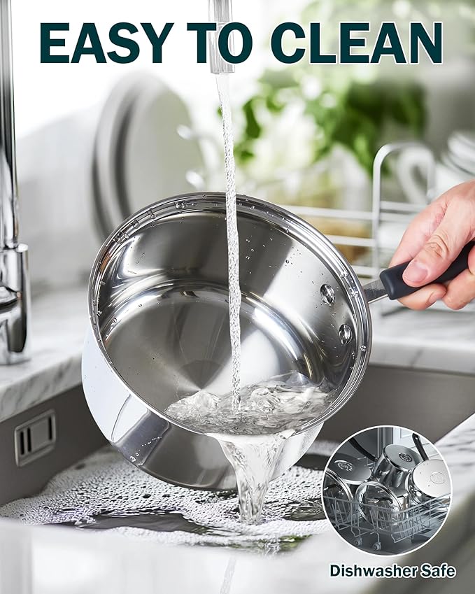 Cook N Home 3 Quart Stainless Steel Saucepan Set with Lid, Induction Compatible Milk Pots, Stay-Cool Silicone Handle, Mirror Polished 18/10 Cookware, Dishwasher & Oven Safe, Silver