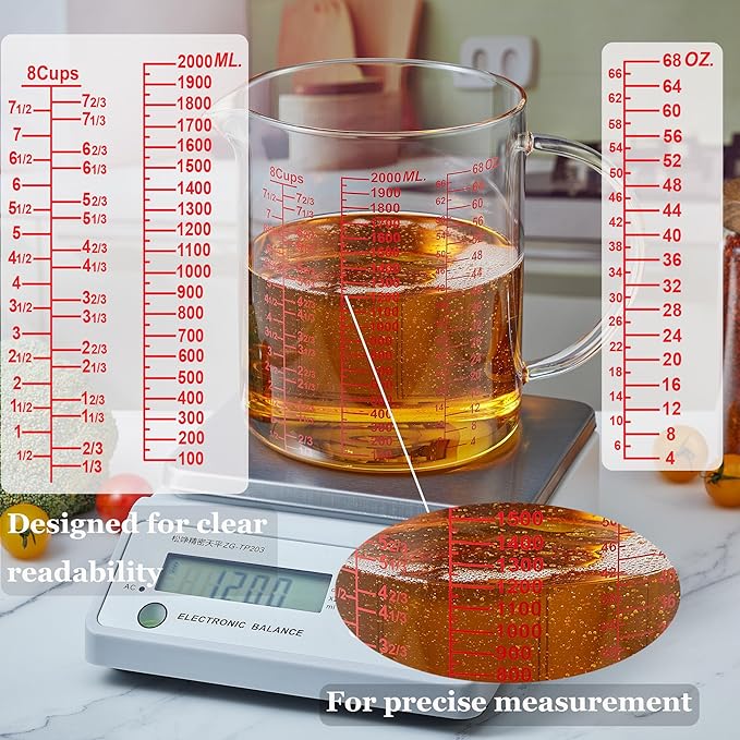 Glass Measuring Cup-[Insulated handle | V-Shaped Spout]-Made of High Borosilicate Glass Measuring Cup for Kitchen or Restaurant, Easy to Read, 2000 ML (64 Oz, 8 Cup)