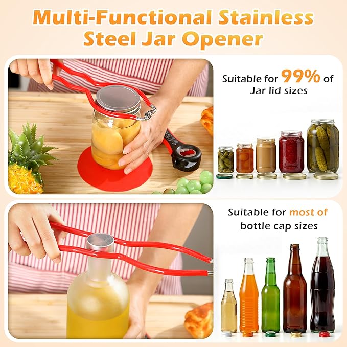 Enhon Jar Opener for Weak Hands, with Bottle Opener and Rubber Grippers Pad, Stainless Steel Jar Lid Opening for Seniors with Arthritis, Suitable for Most Sizes, Kitchen Gifts for Mother, Women