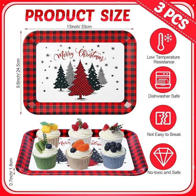 Vesici 3 Pcs Christmas Serving Trays 13 x 10 Inch Black and Red Plaid Xmas Tree Melamine Platters Reusable Rectangular Serving Dishes for Xmas Holiday Party Sharing Snacks Fruit Dessert Candy