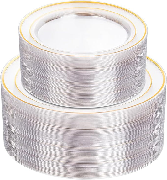 I00000 102 Pcs Clear Gold Plastic Plates - Disposable Party Plates, Gold Disposable Include 51 Dinner Plates and 51 Dessert Plates, Plastic Plates for Party, Holiday, Wedding & Birthday
