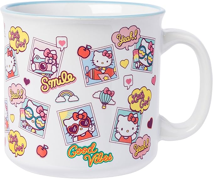Silver Buffalo Sanrio Hello Kitty Photo Shots Smile Good Vibes Ceramic Camper Mug, 20 Ounces