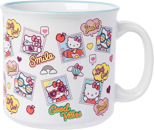Silver Buffalo Sanrio Hello Kitty Photo Shots Smile Good Vibes Ceramic Camper Mug, 20 Ounces